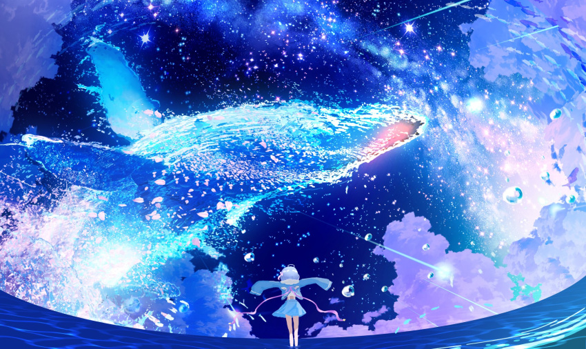 1girl animal bubble cloud cloudy_sky fish floating flying_fish flying_whale grey_hair highres long_sleeves makoron117117 night night_sky original ribbon scenery short_hair skirt sky space star_(sky) starry_sky water whale
