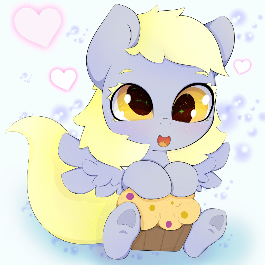 1:1 absurd_res blonde_hair chibi derp_eyes derpy_hooves_(mlp) detailed_background equid equine feathered_wings feathers female feral food friendship_is_magic grey_body grey_feathers hair happy hasbro hi_res hooves mammal muffin my_little_pony pegasus sitting smile wings yellow_eyes yellow_tail zokkili