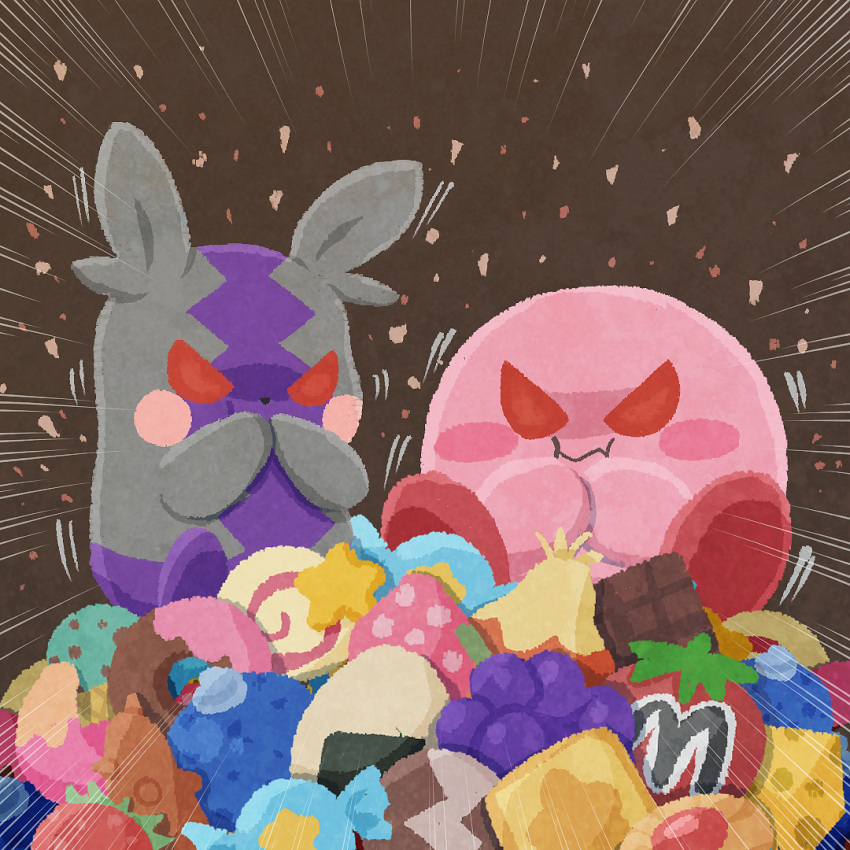 angry berry blush brown_background candy chocolate colored_skin commentary_request eating fantasy food food_focus fruit kirby kirby's_dream_land kirby_(series) maxim_tomato miclot morpeko no_humans pink_skin pokemon red_eyes simple_background sitting