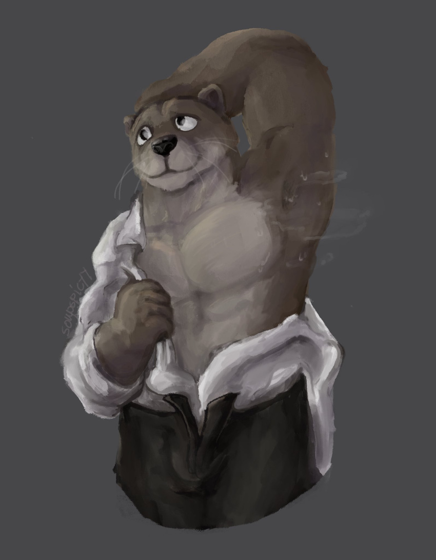 abs anthro bashful black_nose bodily_fluids brown_body brown_fur bulge clothed clothing echo_(series) echo_project fur hand_behind_head hi_res lutrine male mammal muscular muscular_male musk musk_clouds mustelid partially_clothed pecs raised_arm shirt simple_background smile solo soupspicyy sweat sweatdrop sweaty_armpit tan_body tan_fur the_smoke_room todd_bronson topwear unbuttoned_shirt undressing undressing_self unzipped unzipped_pants video_games visual_novel whiskers