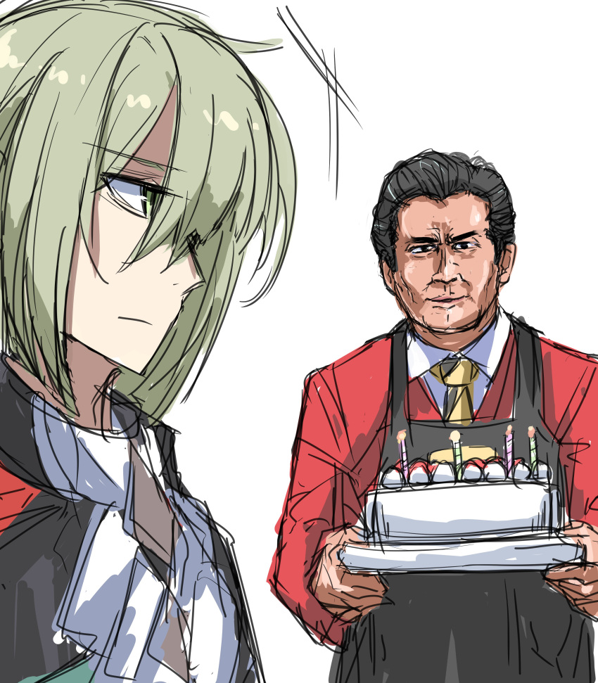 2boys absurdres apron birthday_cake black_apron black_hair blonde_hair cake candle elan_ceres food formal gundam gundam_suisei_no_majo happy_birthday hebi_(rarata6o) highres holding holding_cake holding_food kamen_rider kamen_rider_ooo_(series) kougami_kousei multiple_boys red_suit simple_background sketch suit white_background