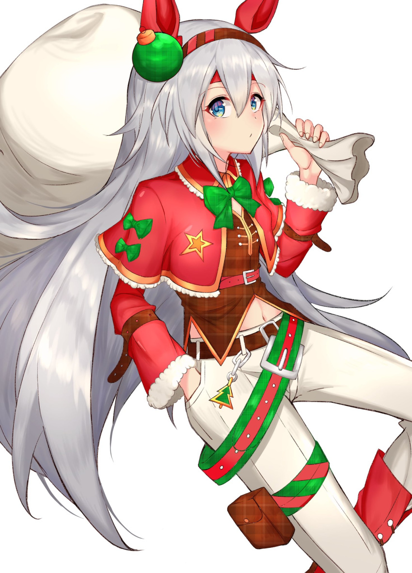 1girl alternate_costume amaxa animal_ears bangs belt blue_eyes boots bow bowtie brown_vest closed_mouth collared_jacket cropped_jacket feet_out_of_frame grey_hair hairband hand_in_pocket highres holding holding_sack horse_ears long_hair long_sleeves looking_at_viewer looking_to_the_side maid_headdress navel pants pouch red_footwear sack simple_background solo tamamo_cross_(umamusume) umamusume vest white_background white_pants