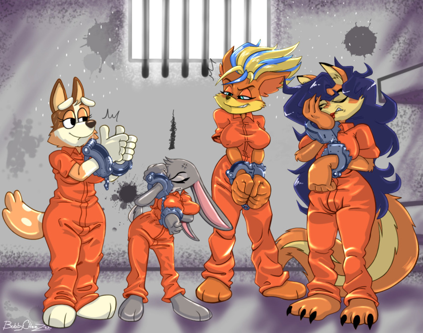 2022 5_fingers activision annoyed anthro australian_cattle_dog bandicoot black_eyes blonde_hair blue_hair bluey_(series) bobbycheez breasts brown_body brown_fur canid canine canis carmelita_fox cattledog chilli_heeler claws clothing crash_bandicoot_(series) crossover cuff_(restraint) digital_media_(artwork) disney domestic_dog eyebrows eyelashes eyes_closed female fingers fluffy fluffy_tail fox fur gesture green_eyes grey_body grey_fur group hair handcuffs herding_dog inner_ear_fluff judy_hopps lagomorph leporid lipstick long_ears long_hair long_tail makeup mammal marsupial metal_cuffs multicolored_hair orange_body orange_fur pastoral_dog pirate_tawna prison prison_uniform prisoner rabbit restraints scut_tail short_tail signature sly_cooper_(series) sony_corporation sony_interactive_entertainment sucker_punch_productions thumbs_up toe_claws tuft two_tone_hair uniform video_games zootopia