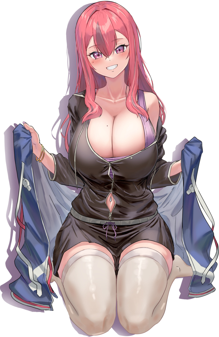 1girl azur_lane bangs black_jacket black_shorts blue_jacket blush breasts bremerton_(azur_lane) bremerton_(relaxation_consultation)_(azur_lane) cleavage clothing_cutout collarbone commentary drawstring drop_shadow full_body gold_bracelet grey_hair grin hair_between_eyes hair_down hair_intakes head_tilt highres jacket large_breasts lom_(lom_lom_8) long_hair looking_at_viewer mole mole_on_breast mole_under_eye multicolored_hair navel navel_cutout navel_piercing official_alternate_costume official_alternate_hairstyle partially_unbuttoned piercing pink_eyes pink_hair purple_tank_top shadow short_shorts shorts sidelocks simple_background single_bare_shoulder sitting skindentation smile solo streaked_hair tank_top teeth thighhighs two-tone_hair wariza white_background white_thighhighs