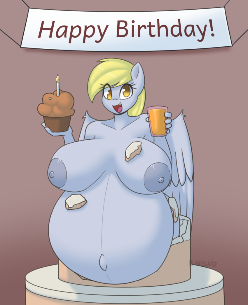 5_fingers anthro anthrofied areola belly beverage big_belly big_breasts big_nipples birthday blonde_hair breasts bumpywish cake derpy_hooves_(mlp) dessert digital_media_(artwork) equid equine eyelashes feathered_wings feathers female fingers fire food friendship_is_magic grey_areola grey_body grey_feathers grey_nipples hair hasbro hi_res huge_breasts hyper hyper_belly hyper_pregnancy mammal muffin my_little_pony nipples open_mouth open_smile orange_juice pegasus pregnant smile wings yellow_eyes