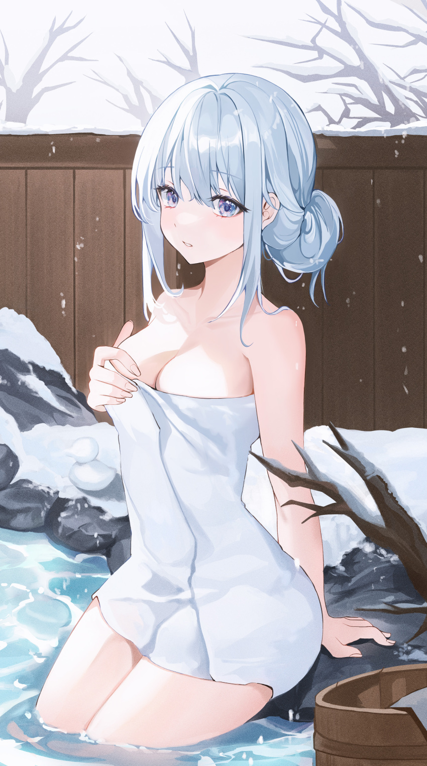 1girl absurdres arm_support bangs bare_arms bare_shoulders bare_tree blue_eyes branch breasts bucket choc cleavage commentary day fence grey_hair hair_bun hand_on_own_chest hand_up highres long_hair looking_at_viewer medium_breasts naked_towel onsen original outdoors revision rock sidelocks single_hair_bun sitting snow snowing soaking_feet solo symbol-only_commentary thighs towel tree water white_towel winter wooden_bucket wooden_fence