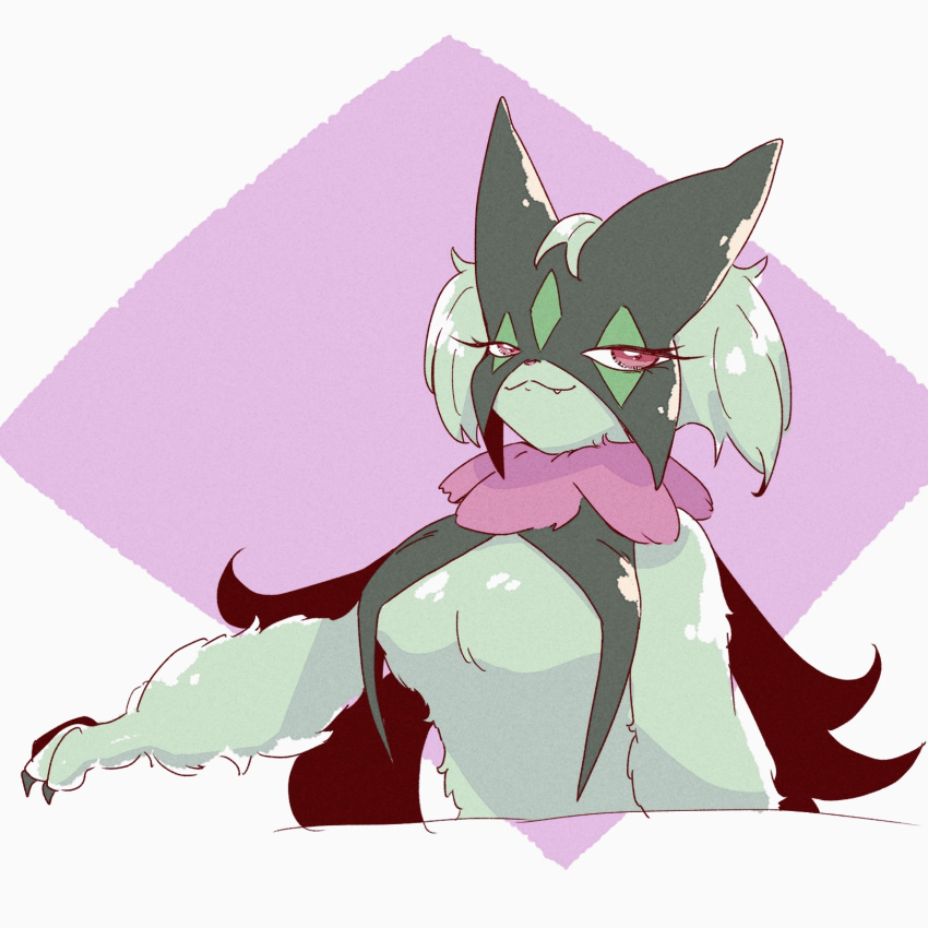 1:1 2022 :3 anthro biped breasts claws colored cute_fangs digital_media_(artwork) eye_markings eyelashes facial_markings featureless_breasts felid feline female finger_claws fluffy forehead_markings front_view fur generation_9_pokemon glistening glistening_body glistening_fur green_body green_claws green_fur green_markings half-closed_eyes half-length_portrait head_markings hi_res kemono looking_at_viewer mammal markings medium_breasts meowscarada monotone_body monotone_fur narrowed_eyes naturally_censored neck_tuft nintendo nude outstretched_arm pink_background pink_body pokemon pokemon_(species) portrait pupils simple_background smile snaggle_tooth solo standing suda three-quarter_view tuft video_games