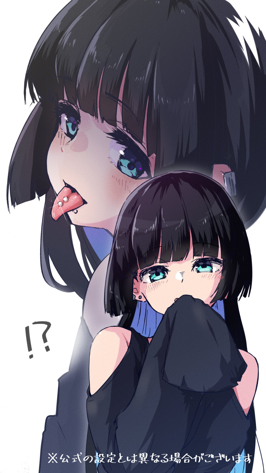 1girl absurdres aqua_eyes bangs bare_shoulders black_dress black_hair blunt_bangs blush bocchi_the_rock! choker colored_inner_hair covering_mouth dress highres hime_cut looking_at_viewer multicolored_hair open_mouth pa-san piercing sleeves_past_fingers sleeves_past_wrists solo teru_(teru11061) tongue tongue_out tongue_piercing