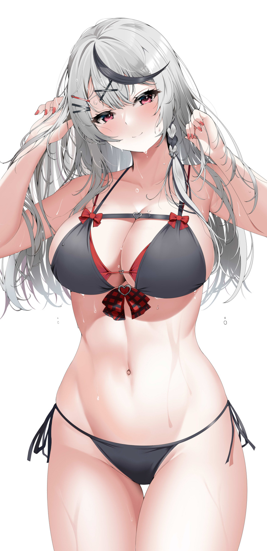 1girl absurdres bikini black_bikini bow breasts closed_mouth grey_hair groin hair_ornament hairclip hands_in_hair hands_up highres hololive large_breasts long_hair looking_at_viewer multicolored_hair navel oidoden2535 plaid plaid_bow red_eyes red_nails sakamata_chloe side-tie_bikini_bottom simple_background smile solo stomach streaked_hair swimsuit thigh_gap thighs virtual_youtuber wet wet_hair white_background x_hair_ornament