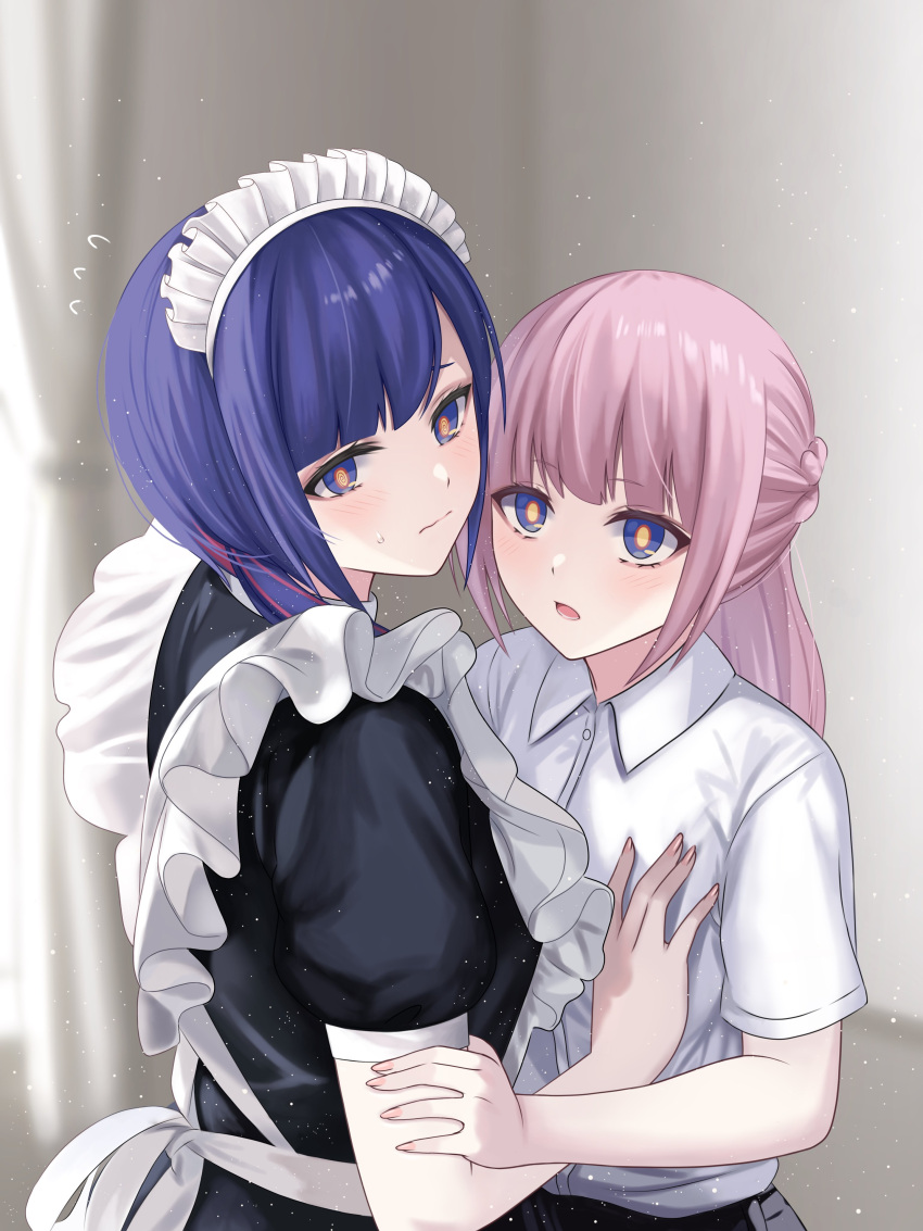 2girls absurdres apron back bangs blue_eyes blue_hair bright_pupils eyebrows_hidden_by_hair highres hug indoors kaf_(kamitsubaki_studio) kamitsubaki_studio kizakura_art long_hair looking_at_viewer looking_back maid maid_apron maid_headdress multicolored_hair multiple_girls open_mouth purple_hair red_hair rim_(kamitsubaki_studio) short_hair upper_body yuri