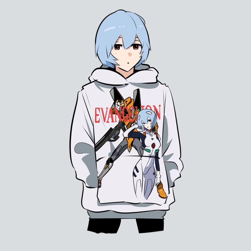 1girl :o absurdres alternate_costume ayanami_rei bangs black_pantyhose blue_hair brown_eyes copyright_name cropped_legs english_commentary eva_00 grey_background hair_between_eyes hands_in_pockets highres holeecrab hood hood_down hoodie looking_ahead neon_genesis_evangelion pantyhose print_hoodie short_hair solo white_hoodie