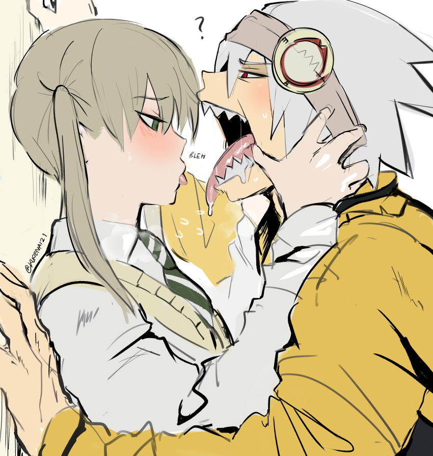1boy 1girl ? absurdres blush finger_in_another's_mouth from_side green_eyes grey_hair grey_shirt hetero highres jacket kabedon kurenaiz1 light_brown_hair long_sleeves maka_albarn necktie open_mouth red_eyes sharp_teeth shirt soul_eater soul_evans teeth tongue tongue_out twintails yellow_jacket