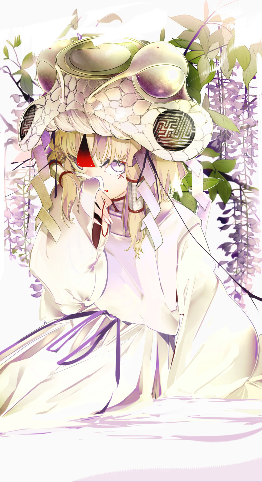 1girl absurdres alternate_costume alternate_headwear arm_support bangs blonde_hair commentary covering_mouth diamond-shaped_pupils diamond_(shape) dress facial_tattoo flower hair_tie hair_tubes hand_up hat highres holding holding_tie japanese_clothes kariginu leaf long_sleeves looking_at_viewer maimuro mandarin_collar moriya_suwako one_eye_covered purple_eyes purple_flower purple_ribbon revision ribbon robe rope sayagata scales shide shimenawa short_hair sideways_glance simple_background sitting sleeves_past_wrists solo swastika symbol-shaped_pupils tattoo touhou white_background white_dress white_headwear white_robe wide_sleeves wisteria