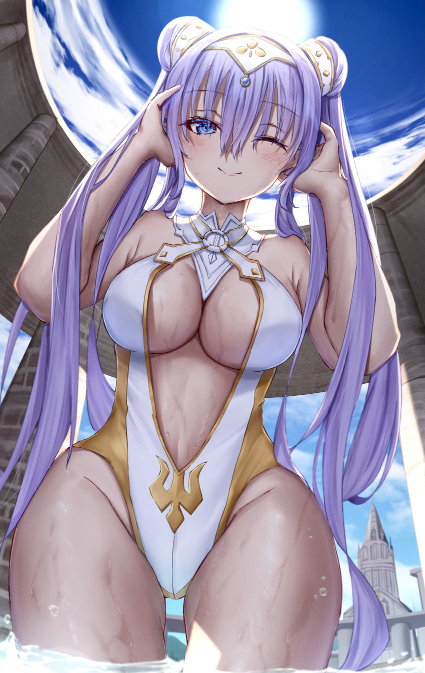 1girl absurdres bangs bare_shoulders bathing blue_eyes blue_sky blush breasts britomart_(fate) center_opening cleavage double_bun fate/grand_order fate_(series) gold_one-piece_swimsuit gold_trim grey_hair hair_bun hairband highleg highleg_swimsuit highres large_breasts long_hair looking_at_viewer o-ring one-piece_swimsuit one_eye_closed pointy_ears sky smile solo swimsuit taut_clothes taut_swimsuit thighs toukan twintails two-tone_swimsuit very_long_hair wading wet white_one-piece_swimsuit