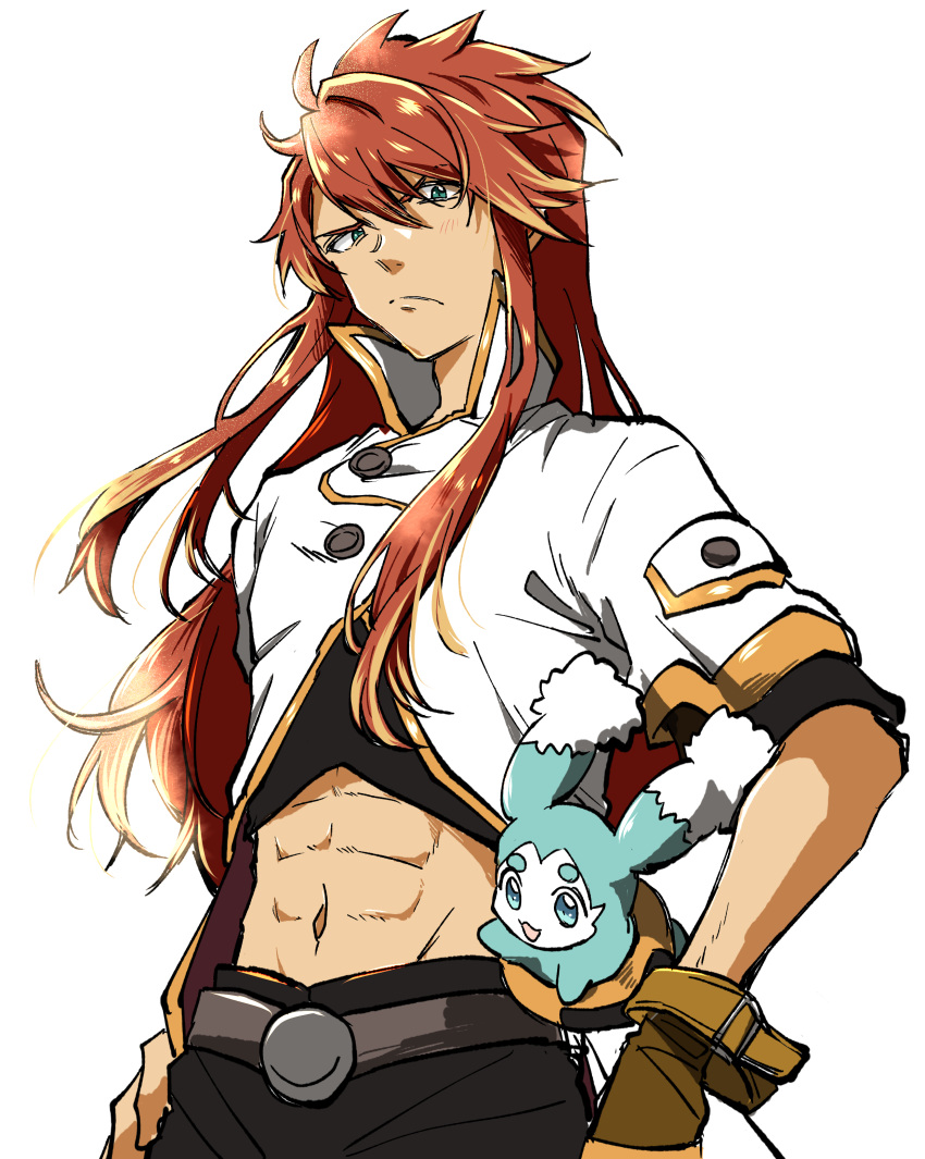 1boy abs absurdres bangs belt buttons creature crop_top cropped_jacket fingerless_gloves gloves green_eyes hand_on_hip high_collar highres kudou_makoto long_hair looking_at_viewer luke_fon_fabre mieu_(tales) red_hair sidelocks tales_of_(series) tales_of_the_abyss white_background