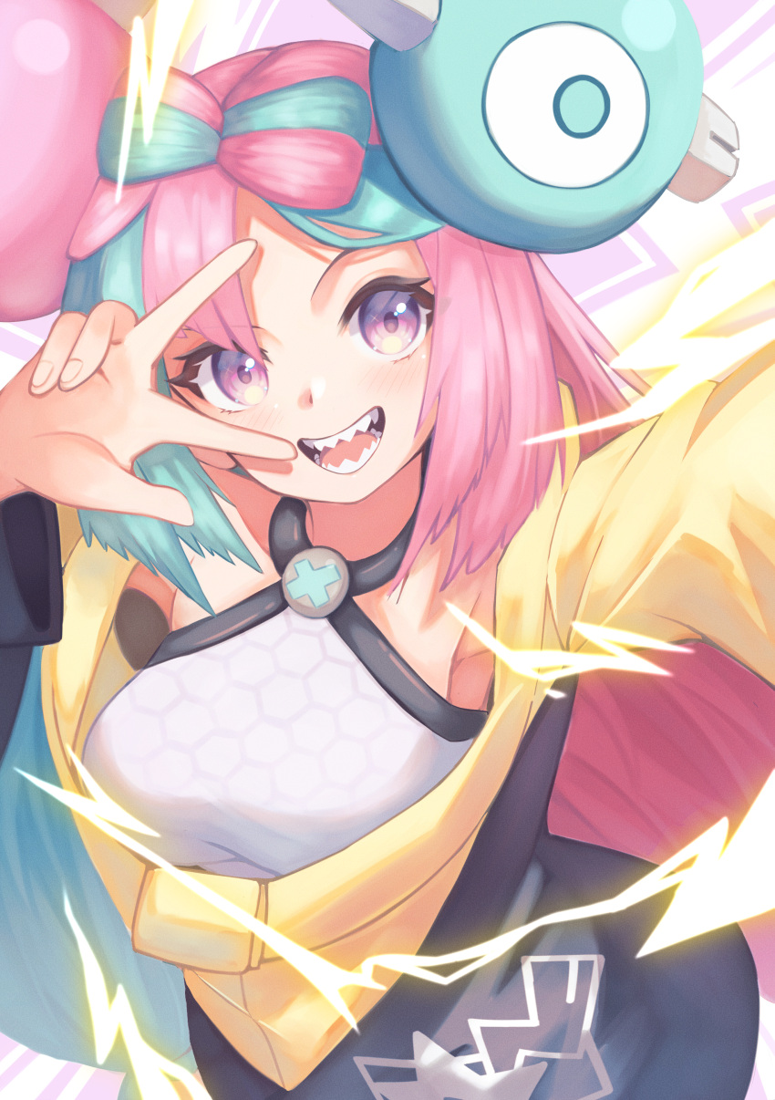 1girl absurdres bow-shaped_hair character_hair_ornament hair_ornament hexagon_print highres iono_(pokemon) jacket oversized_clothes peace_symbol pokemon pokemon_(game) pokemon_sv sharp_teeth sleeves_past_fingers sleeves_past_wrists solo teeth v v_over_eye very_long_sleeves x yellow_jacket zero_(lingdu)