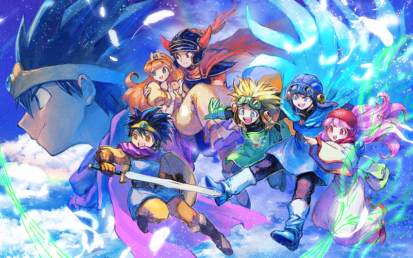 3girls 4boys black_hair blonde_hair blue_armor blue_cape blue_eyes blue_headwear blue_sky boots brown_eyes cape carrying cloud cloudy_sky dragon_quest dragon_quest_i dragon_quest_ii dragon_quest_iii dress full_body gloves goggles goggles_on_headwear helmet hero_(dq1) heroine_(dq3) holding holding_shield holding_sword holding_weapon long_hair long_sleeves multiple_boys multiple_girls open_mouth orange_cape orange_hair pointing pointing_forward prince_of_lorasia prince_of_samantoria princess_carry princess_laura princess_of_moonbrook purple_cape purple_hair red_cape red_eyes red_headwear roto shield short_hair sky sword tiara tunic weapon yellow_dress yuza