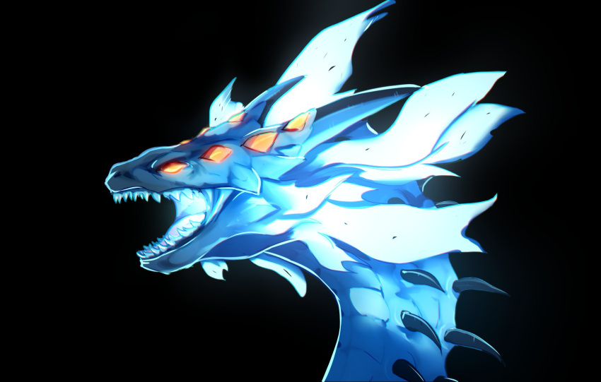 ambiguous_gender black_background blackscour blue_body blue_horn blue_teeth dragon empty_eyes feral hi_res horn long_neck multi_eye neck_spikes open_mouth sharp_teeth side_view simple_background solo teeth