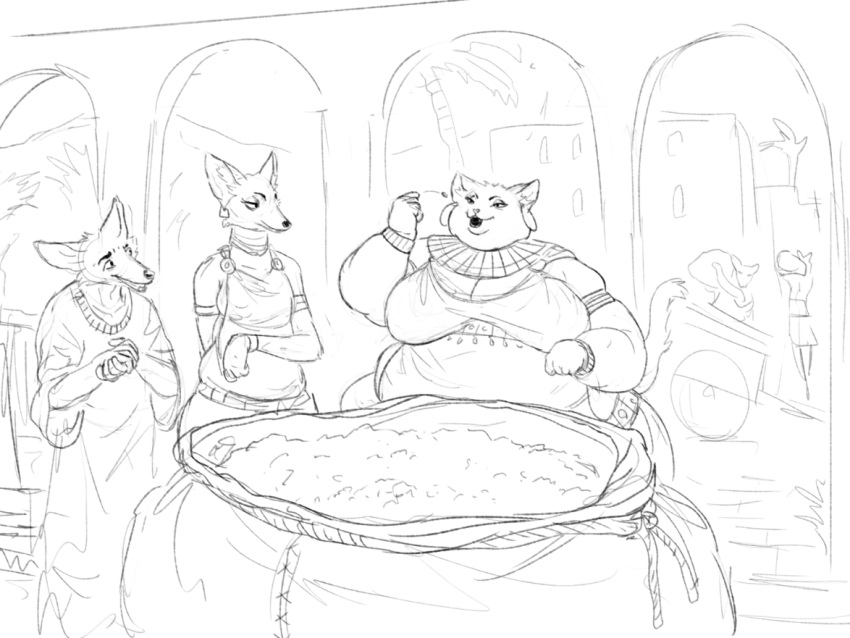 2021 anthro building canid canine canis cettus clothing domestic_cat empress_isra felid feline felis female group holding_object jackal male mammal monochrome obese obese_anthro obese_female outside overweight overweight_anthro overweight_female plant robe sack sketch standing tree trio wagon