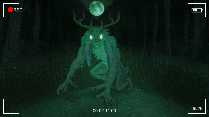 16:9 anthro antlers blackscour camera_view chest_tuft elbow_tuft empty_eyes floppy_ears full-length_portrait grass hi_res horn jackalope knee_tuft lagomorph leg_tuft long_ears looking_at_viewer male mammal moon night outside plant portrait restricted_palette solo tree tuft unsigned whiskers widescreen