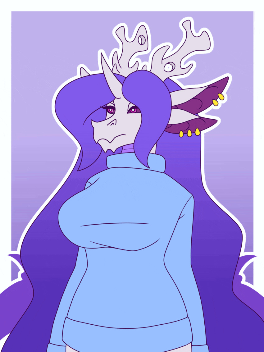3:4 4_ears animated anthro big_breasts blue_clothing blue_sweater blue_topwear bouncing_breasts breasts clothed clothing dragon ear_piercing featureless_breasts featureless_crotch female frozen_(hecatefroz) fur hair hi_res horn long_hair multi_ear nude piercing purple_body purple_eyes purple_fur purple_hair purple_scales ranara scales short_playtime smile solo sweater topwear white_body white_scales