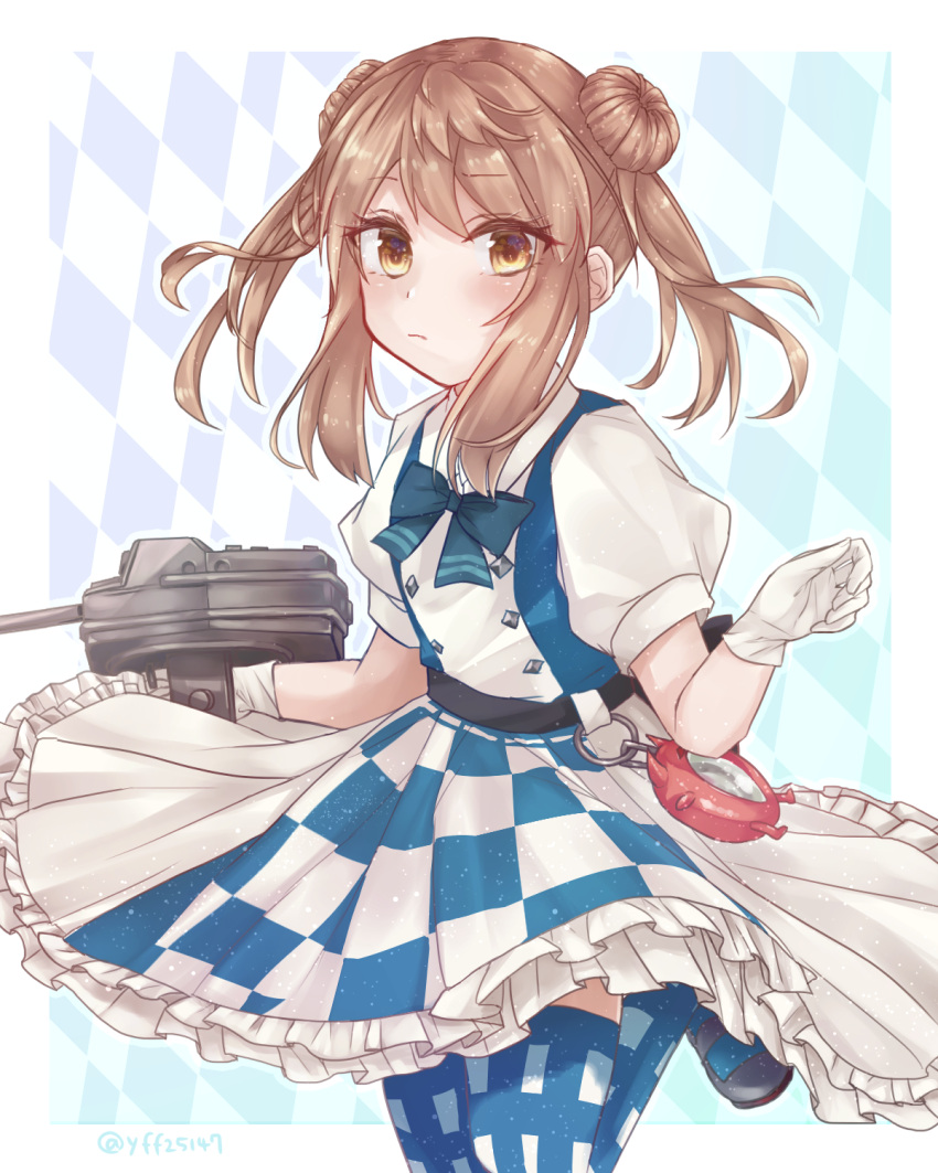 1girl adapted_turret alice_(alice_in_wonderland) alice_(alice_in_wonderland)_(cosplay) alice_in_wonderland cannon checkered_clothes commentary_request cosplay cowboy_shot double_bun dress enemy_lifebuoy_(kancolle) gloves hair_bun highres kantai_collection light_brown_hair looking_at_viewer michishio_(kancolle) official_alternate_costume pocket_watch short_twintails solo thighhighs turret twintails two-tone_dress watch white_dress white_gloves yufufu