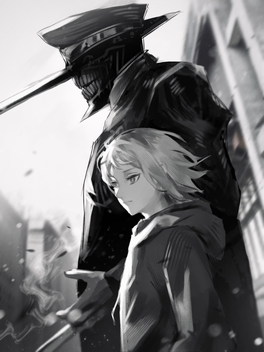 1boy 1girl akane_sawatari_(chainsaw_man) black_coat chainsaw_man coat grey_hair greyscale hat height_difference highres hood hoodie hybrid katana_man_(chainsaw_man) kozzz_y medium_hair military_hat monochrome slit_pupils smoke teeth