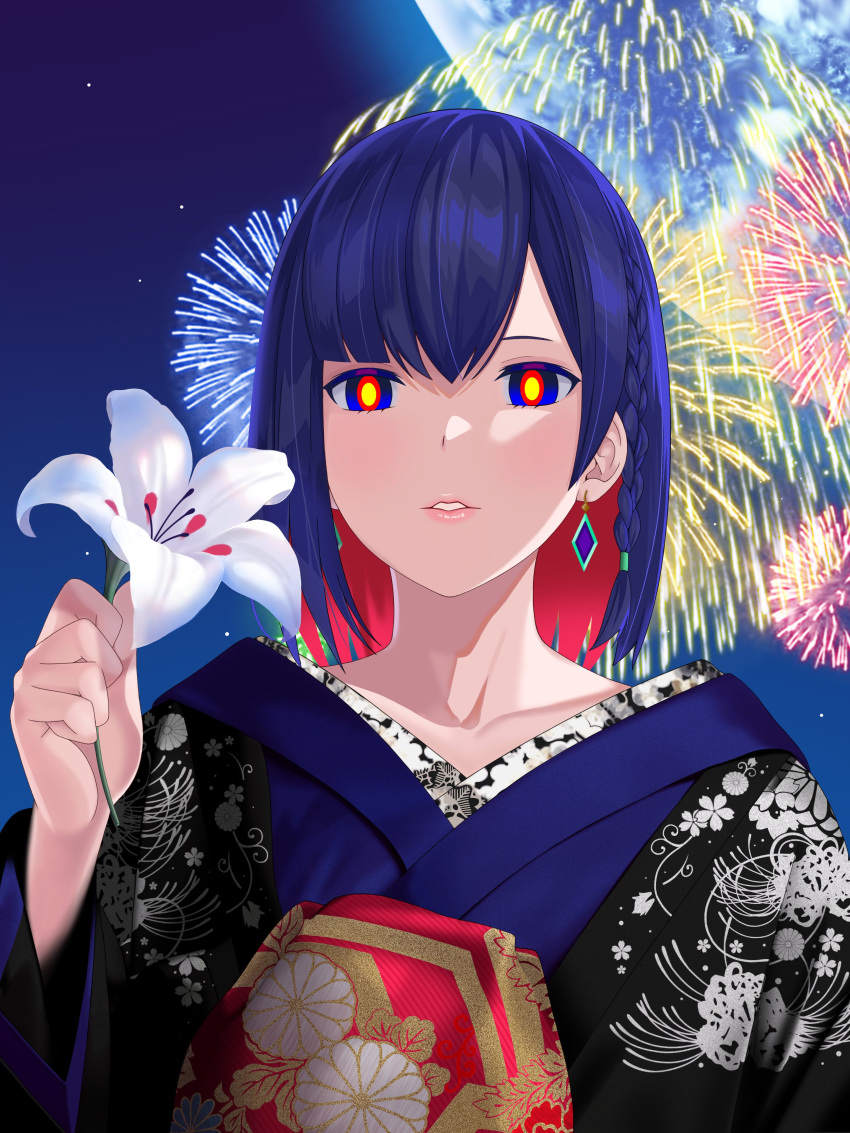 1girl absurdres blue_eyes blue_hair bright_pupils earrings fireworks flower highres holding holding_flower japanese_clothes jewelry kamitsubaki_studio kimono kizakura_art looking_at_viewer multicolored_hair night night_sky open_mouth red_hair rim_(kamitsubaki_studio) short_hair sky smile solo star_(sky) upper_body