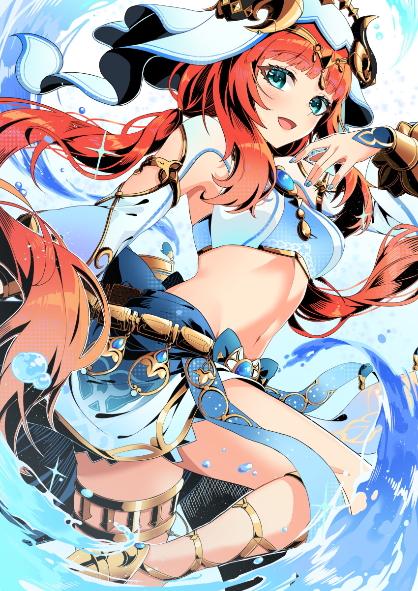 1girl :d absurdres aqua_eyes arm_up bangs blue_bow blue_gemstone blue_nails blue_skirt bow bracer breasts circlet clothing_cutout commentary crop_top fake_horns floating_hair gem genshin_impact gladiator_sandals gold_footwear gold_trim harem_outfit highres horns leg_up long_hair long_sleeves looking_at_viewer low_twintails medium_breasts nail_polish navel nilou_(genshin_impact) open_mouth parted_bangs puffy_long_sleeves puffy_sleeves red_hair sandals sidelocks simple_background skirt smile solo stomach thighlet thighs twintails veil very_long_hair water white_background white_headwear yuito_(yuitokobunasbs0)