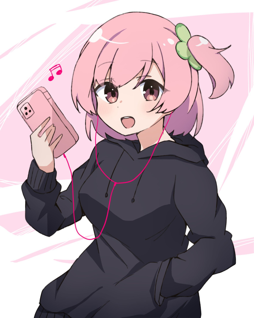 1girl :d assault_lily bangs beamed_eighth_notes black_hoodie blush breasts cellphone clover commentary drawstring earbuds earphones four-leaf_clover hand_in_pocket hand_up highres hitotsuyanagi_riri holding holding_phone hood hood_down hoodie listening_to_music long_sleeves looking_at_viewer medium_breasts musical_note one_side_up open_mouth phone pink_background pink_eyes pink_hair pocket short_hair smartphone smile solo standing teeth two-tone_background upper_body upper_teeth white_background yubari_lemon_(lemonlilie)