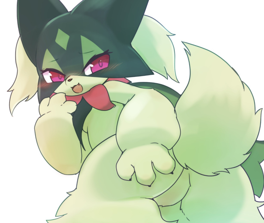 2022 3_fingers :3 anthro biped black_claws blush breasts brown_nose butt claws colored cute_fangs digital_media_(artwork) eyelashes facial_markings featureless_crotch felid feline female finger_claws fingers fluffy fluffy_tail forehead_markings frill_(anatomy) fur generation_9_pokemon green_body green_fur green_markings green_tail head_markings kemono looking_at_viewer looking_back looking_back_at_viewer low-angle_view mammal markings meowscarada monotone_body monotone_fur monotone_tail neck_frill nintendo nude open_:3 open_mouth open_smile pink_body pink_eyes pink_pupils pokemon pokemon_(species) portrait presenting presenting_hindquarters pupils rag._(artist) raised_tail rear_view shaded simple_background small_breasts smile solo spread_butt spreading standing three-quarter_portrait three-quarter_view video_games white_background