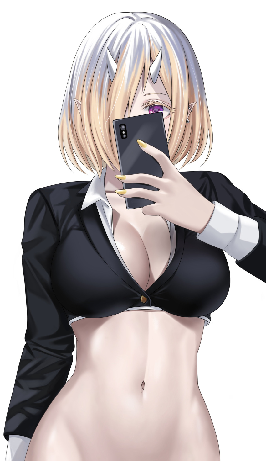 1girl absurdres bangs blonde_hair breasts breasts_day cellphone cleavage earrings eyebrows_hidden_by_hair food formal good_breasts_day grey_hair hair_over_one_eye highres holding holding_phone horns jewelry kizakura_art large_breasts nail_polish necktie oni_horns onigiri original phone pointy_ears purple_eyes selfie shirt simple_background smartphone stomach suit white_background white_shirt