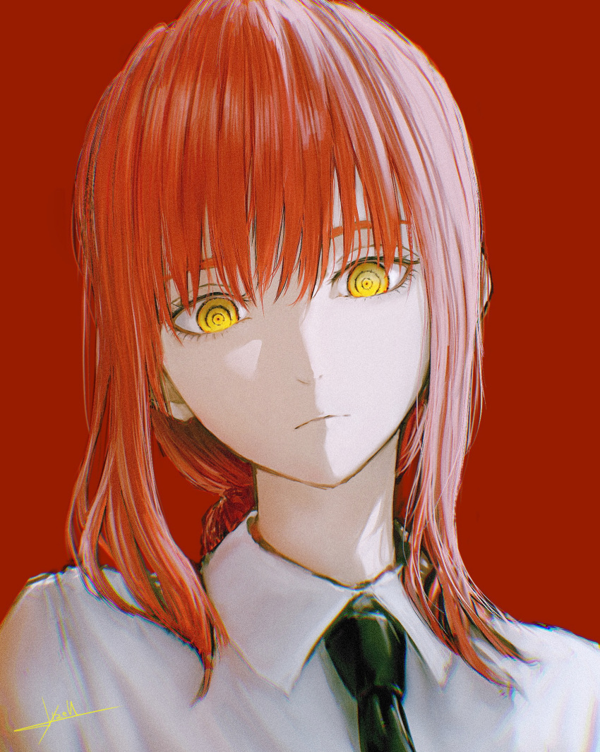 1girl bangs black_necktie braid braided_ponytail chainsaw_man closed_mouth collared_shirt hair_over_shoulder highres long_hair long_sleeves looking_at_viewer makima_(chainsaw_man) necktie ojay_tkym red_background red_hair ringed_eyes shirt sidelocks signature simple_background solo uniform upper_body white_shirt yellow_eyes