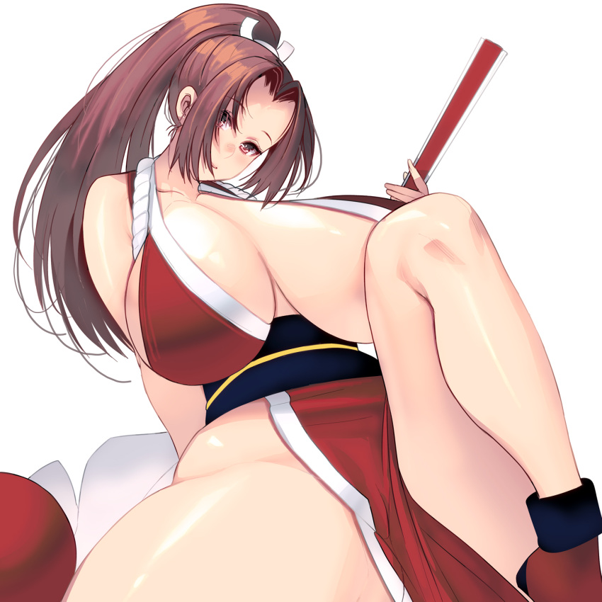 1girl bangs bare_shoulders breasts brown_eyes brown_hair collarbone commentary curvy fatal_fury hand_fan head_tilt high_ponytail highres hip_bones huge_breasts japanese_clothes knee_up leaning_back long_hair looking_at_viewer masao ninja no_bra parted_bangs pelvic_curtain plump ponytail revealing_clothes shiranui_mai simple_background snk solo the_king_of_fighters thick_thighs thighs white_background