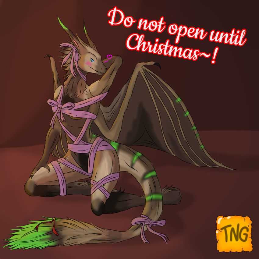 &lt;3 anthro bell brown_body brown_fur christmas dragon female fur furred_dragon gift_wrapped green_body green_fur hi_res holidays jingle_bell ribbons salvatrix scalie solo teasing teasing_viewer text the_nameless_guy western_dragon wings