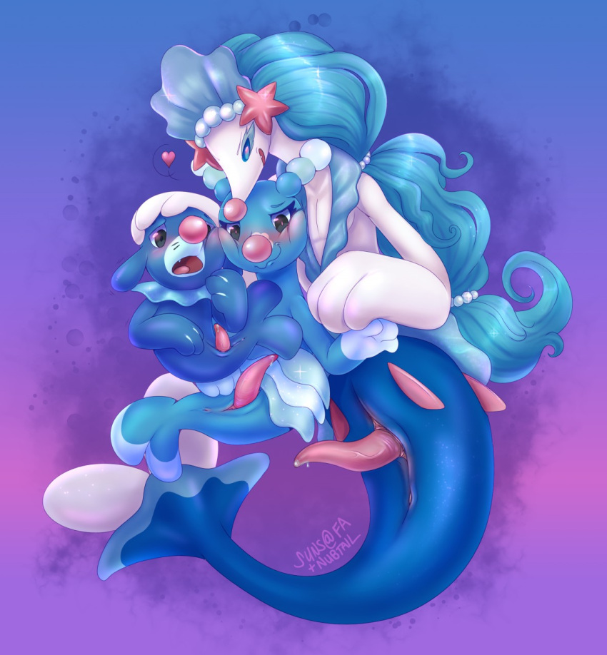 &lt;3 2018 3_fingers anus blue_body blue_eyes blue_hair blush bodily_fluids brionne erection feral fingers generation_7_pokemon genital_fluids genitals gradient_background group hair hi_res long_hair male male/male nintendo open_mouth penis pink_nose pokemon pokemon_(species) popplio precum primarina purple_background simple_background size_difference slit suns tapering_penis teeth tongue trio video_games white_body