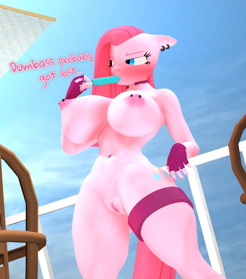 3d_(artwork) anthro anthrofied big_breasts breasts dialogue digital_media_(artwork) equid equine female food friendship_is_magic genitals hair hasbro hi_res mammal my_little_pony nipple_piercing nipples piercing pink_hair pinkamena_(mlp) pinkie_pie_(mlp) popsicle purplefondue pussy solo