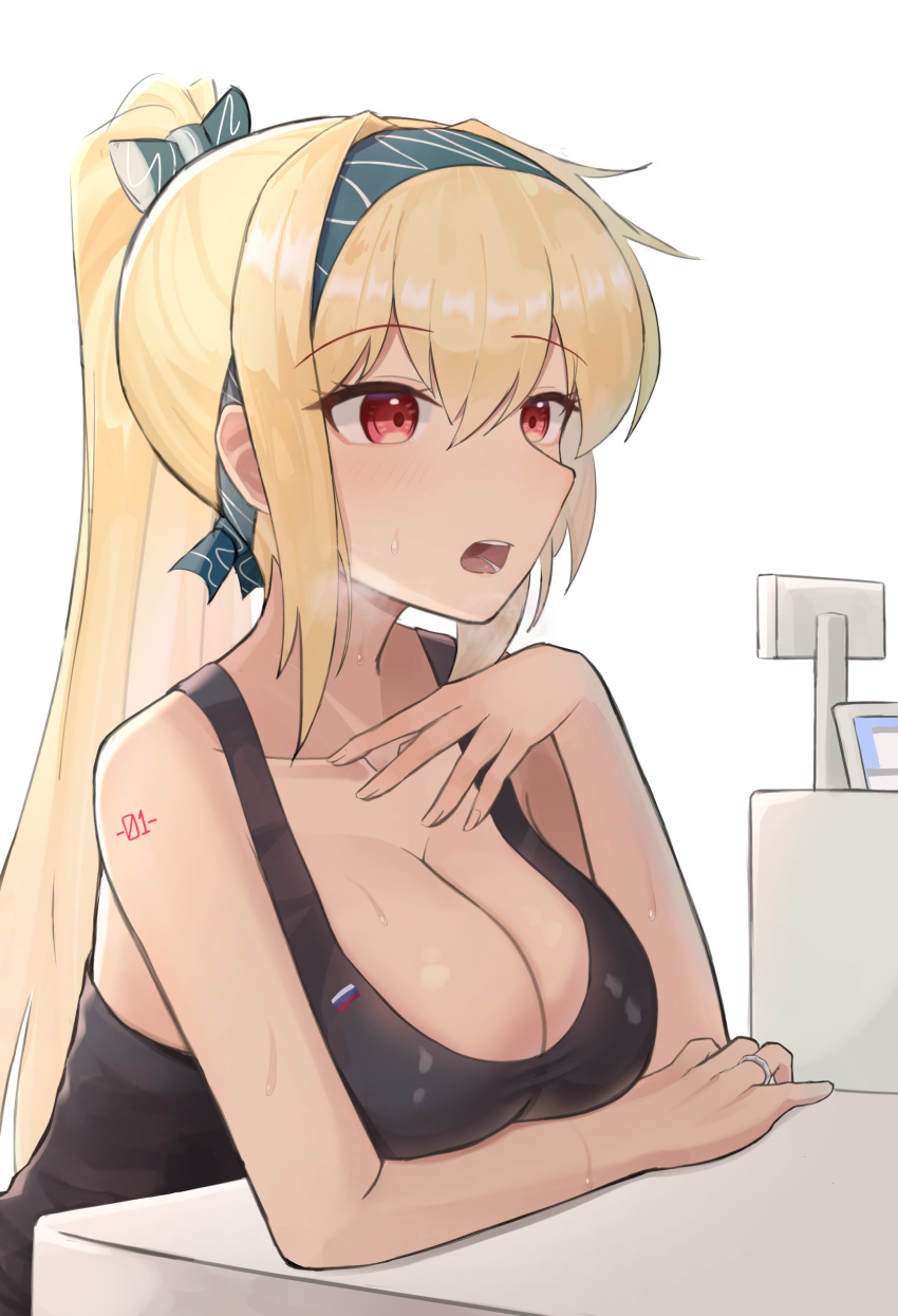 1girl absurdres black_tank_top blonde_hair bow breasts cash_register cleavage commission gamryous girls'_frontline green_hairband hair_between_eyes hair_bow hairband head_steam highres jewelry leaning_on_object long_hair non-web_source open_mouth ponytail red_eyes ring russian_flag simple_background solo sv-98_(girls'_frontline) sweat tank_top wedding_ring