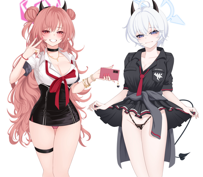 2girls 82jhin absurdres ahoge black_choker black_panties black_shirt black_skirt blue_archive blue_eyes breasts choker cleavage closed_mouth clothes_lift collared_shirt double_bun erika_(blue_archive) grey_hair grin hair_between_eyes hair_bun highres horns kirara_(blue_archive) large_breasts lifted_by_self long_hair looking_at_viewer multiple_girls necktie panties pink_hair pink_panties red_eyes red_necktie shirt short_hair short_sleeves simple_background skirt skirt_lift smile tail thigh_strap underwear white_background white_shirt