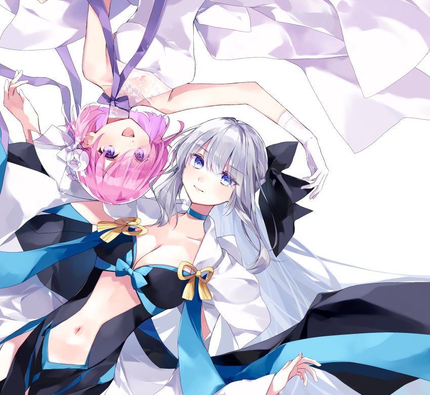 2girls absurdres bangs black_bow black_dress blue_choker blue_eyes bow breasts choker cleavage closed_mouth clothing_cutout collarbone commentary_request dress eyes_visible_through_hair fate/grand_order fate_(series) flower gloves grey_hair hair_between_eyes hair_bow hair_flower hair_ornament hair_over_one_eye highres large_breasts long_hair looking_at_viewer mash_kyrielight mash_kyrielight_(fgo_orchestra) medium_breasts misaki346 morgan_le_fay_(fate) multiple_girls navel official_alternate_costume open_mouth pink_hair ponytail purple_eyes rose short_hair simple_background smile stomach stomach_cutout two-tone_dress very_long_hair white_background white_dress white_flower white_gloves white_rose wide_sleeves
