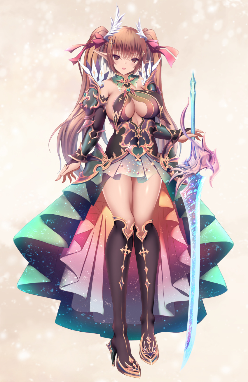 1girl absurdres akina_t bow brown_eyes brown_hair cleavage_cutout clothing_cutout commission detached_collar detached_sleeves dress elf full_body hair_bow high_heels highres holding holding_sword holding_weapon kneehighs knight long_hair long_sleeves looking_at_viewer original pointy_ears skeb_commission smile socks solo standing sword twintails weapon