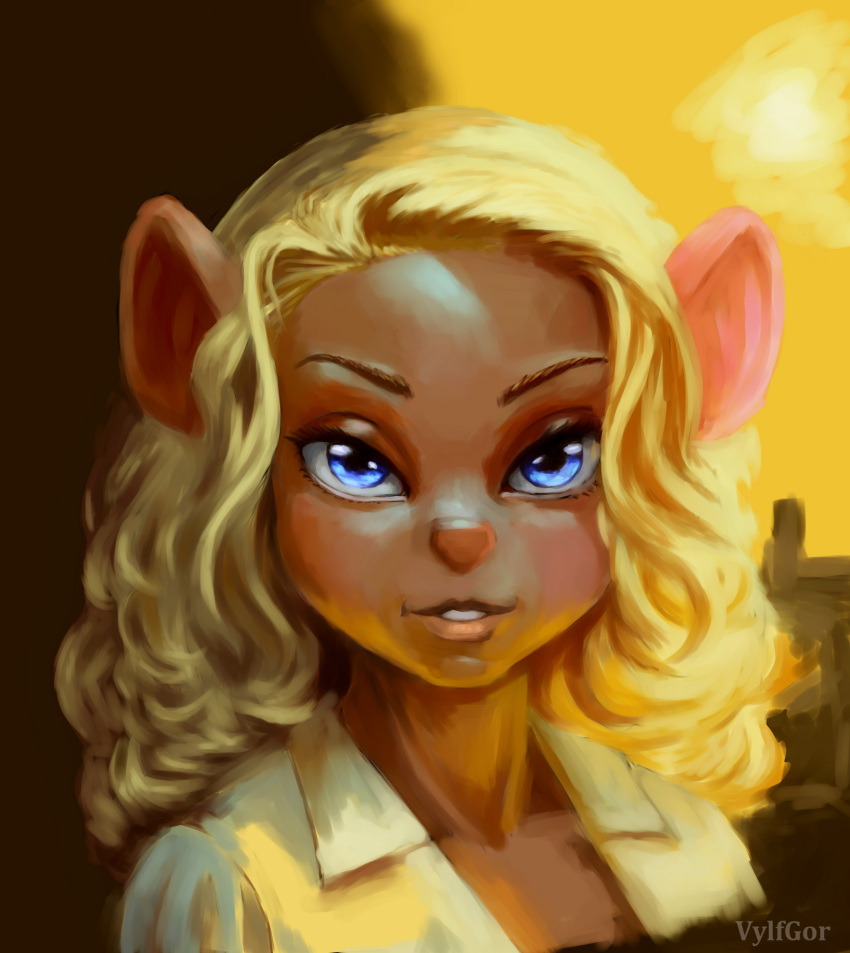 2022 anthro blonde_hair blue_eyes chip_'n_dale_rescue_rangers clothed clothing digital_drawing_(artwork) digital_media_(artwork) disney female fur gadget_hackwrench hair hi_res looking_at_viewer mammal mouse murid murine pink_nose portrait rodent simple_background smile solo text vylfgor