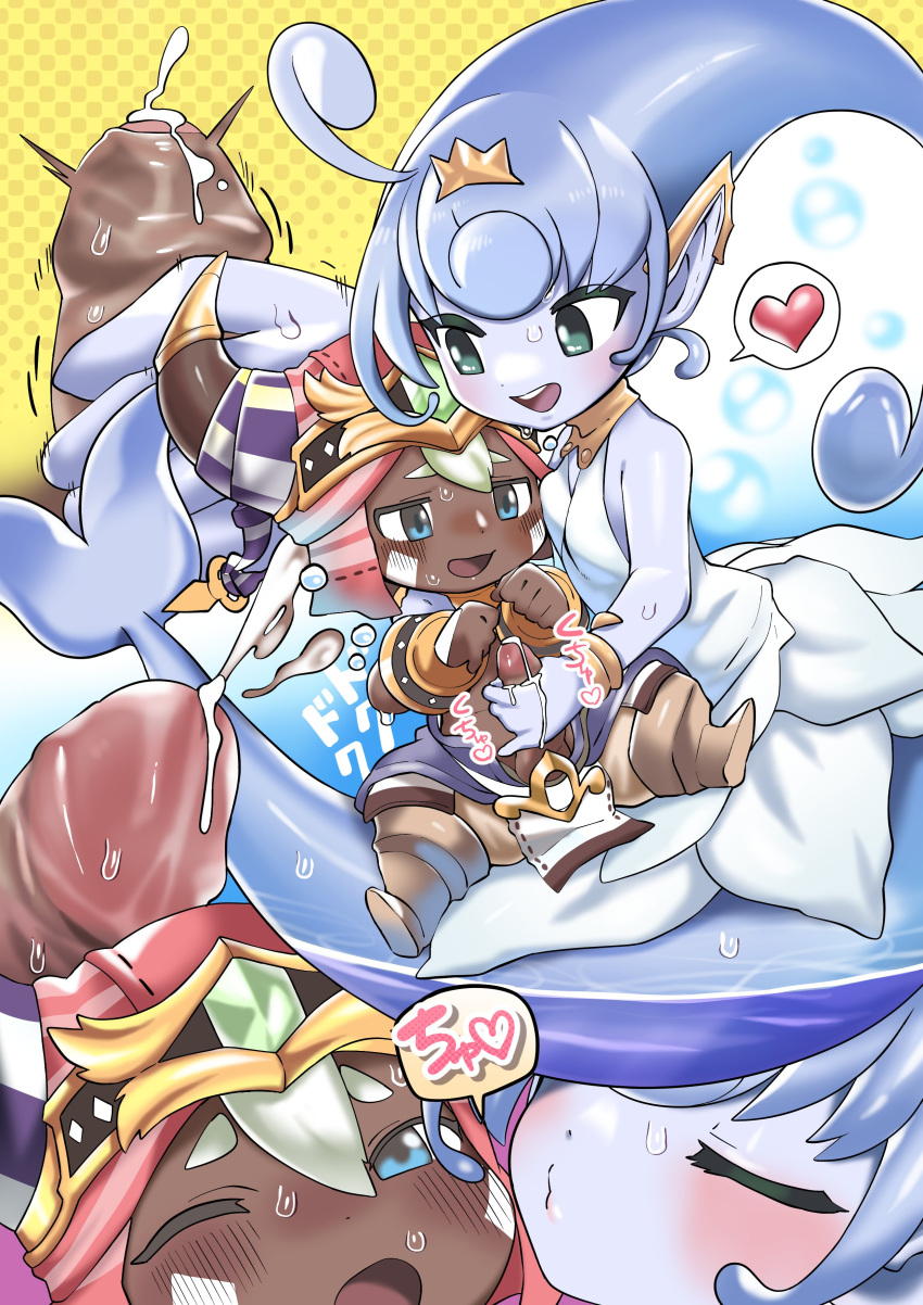 1boy 1girl absurdres age_difference blue_skin blush colored_skin cum cum_on_hands dark-skinned_male dark_skin ejaculation erection ever_oasis fake_horns fins foreskin handjob heart highres horned_headwear horns isuna_(ever_oasis) mermaid monster_girl o3o onee-shota penis pointy_ears sequential spoken_heart tail_fin tethu tory_(tory29) turban