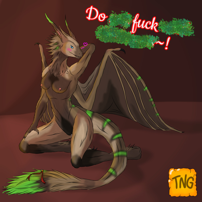 &lt;3 anthro bell bodily_fluids brown_body brown_fur christmas dragon female fur furred_dragon genital_fluids green_body green_fur hi_res holidays jingle_bell nude pussy_juice salvatrix scalie solo teasing teasing_viewer text the_nameless_guy western_dragon wings