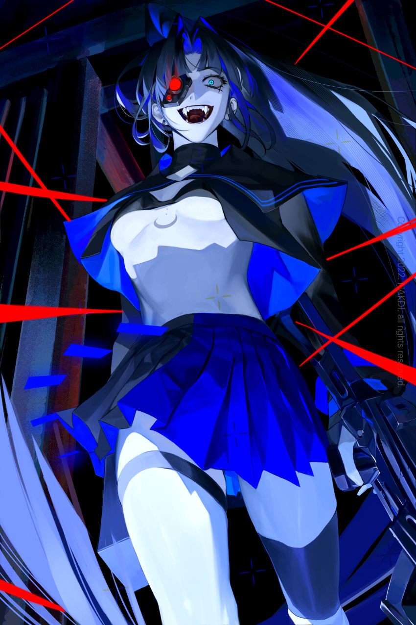 1girl absurdres ado_(singer) aqua_eyes artificial_eye assault_rifle bangs black_hair black_skirt blue_eyes blue_hair blue_skirt breasts crazy_smile crescent_tattoo crosshair_tattoo earrings fangs glowing glowing_eye gun high_ponytail highres holding holding_gun holding_weapon jewelry laser long_hair looking_at_viewer mechanical_eye midriff naima_(usseewa) nakddidi open_mouth parted_bangs pleated_skirt red_eyes rifle shrug_(clothing) skirt solo standing tattoo teeth thigh_strap two-tone_skirt underboob usseewa very_long_hair walking watermark weapon