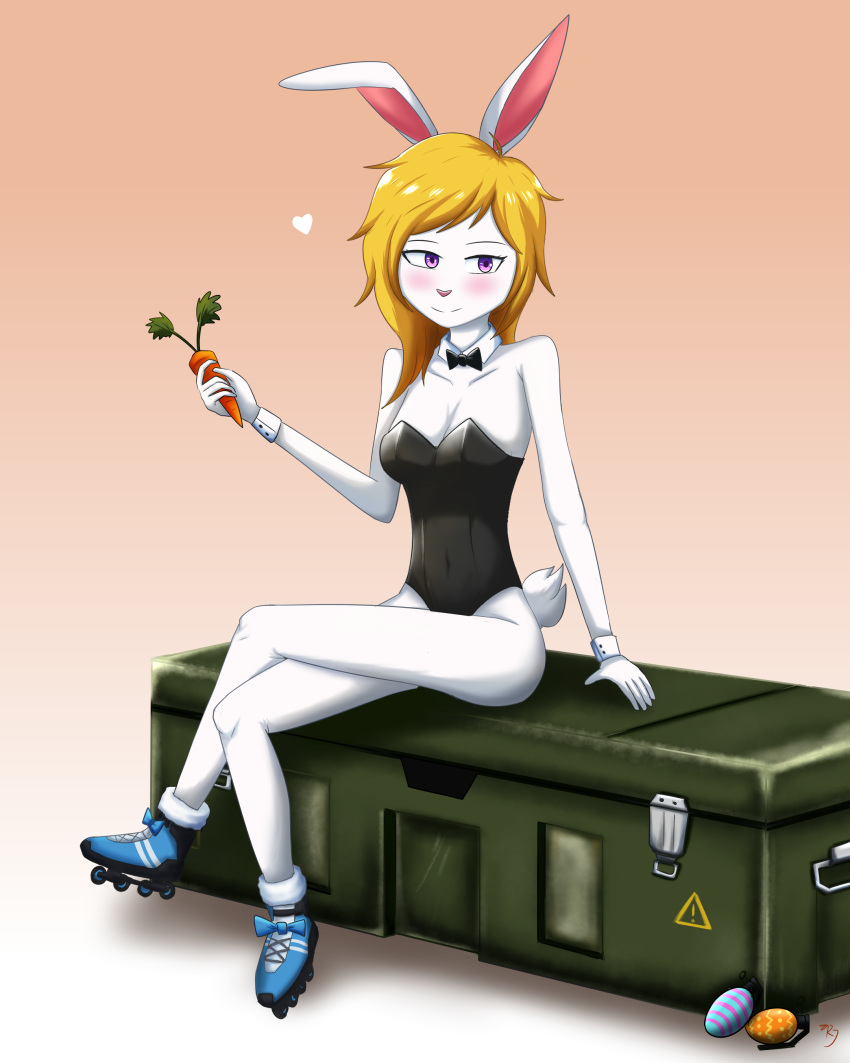 &lt;3 absurd_res anthro bedroom_eyes biped black_clothing black_dress blue_clothing blue_footwear blue_shoes blush bow_tie box breasts bunny_costume carrot clothed clothing container costume crate crossed_legs digital_media_(artwork) dress easter easter_bunny easter_egg egg female food footwear gradient_background hair half-closed_eyes hi_res holding_object holidays inline_skates lagomorph legwear leporid long_hair looking_at_viewer love mammal medium_breasts narrowed_eyes one_piece_suit plant purple_eyes rabbit rabbit_ears railjet roller_skates seductive shoes simple_background sitting skye_(railjet) smile smug solo topwear vegetable white_body white_tail