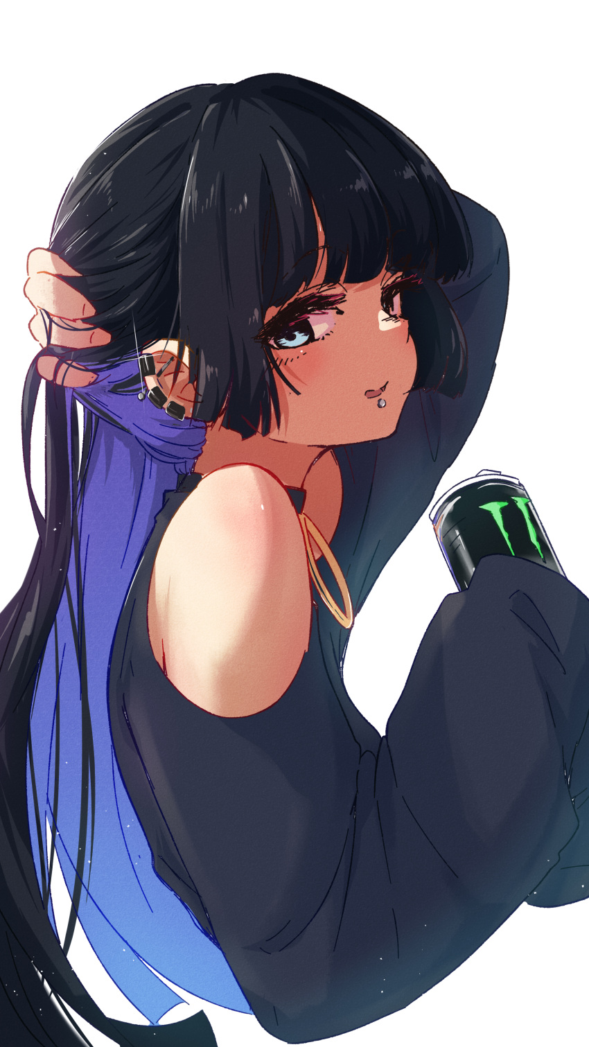 1girl absurdres bangs bare_shoulders black_dress black_hair blue_hair blunt_bangs blush bocchi_the_rock! colored_inner_hair dress gothic highres hime_cut long_hair looking_at_viewer multicolored_hair nape pa-san piercing simple_background sleeves_past_wrists smile solo teru_(teru11061) white_background