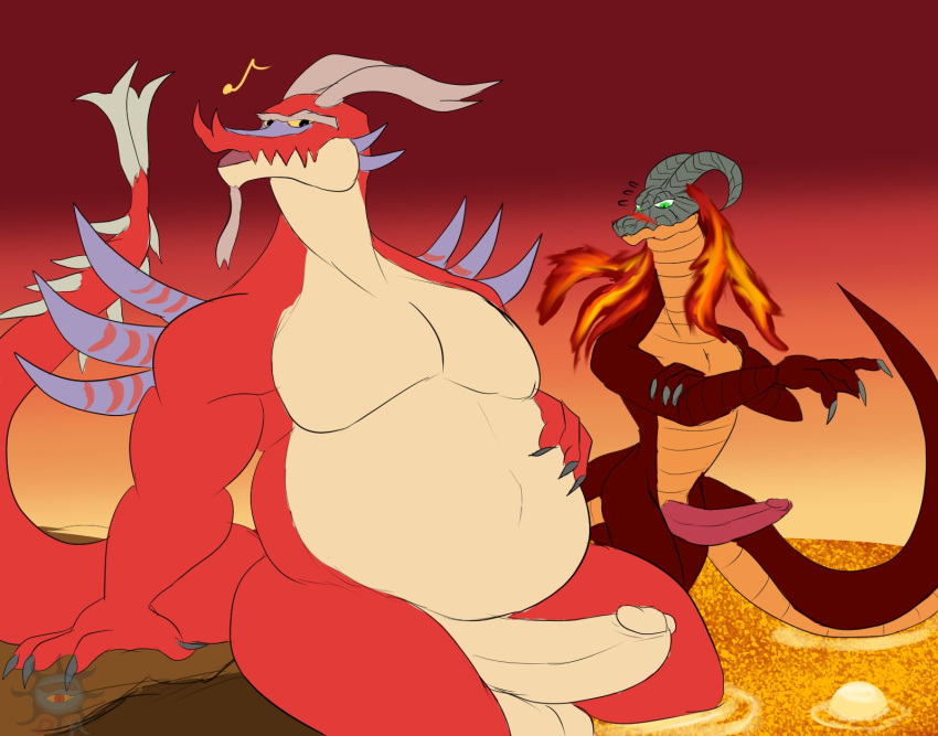anthro balls blush claws daikuhiroshiama dragon duo erection eyebrows facial_hair genitals goatee hi_res humanoid_genitalia humanoid_penis lava male male/male musical_note nintendo ocarina_of_time overweight penis scalie serpentine the_legend_of_zelda unibrow valoo video_games volvagia wind_waker