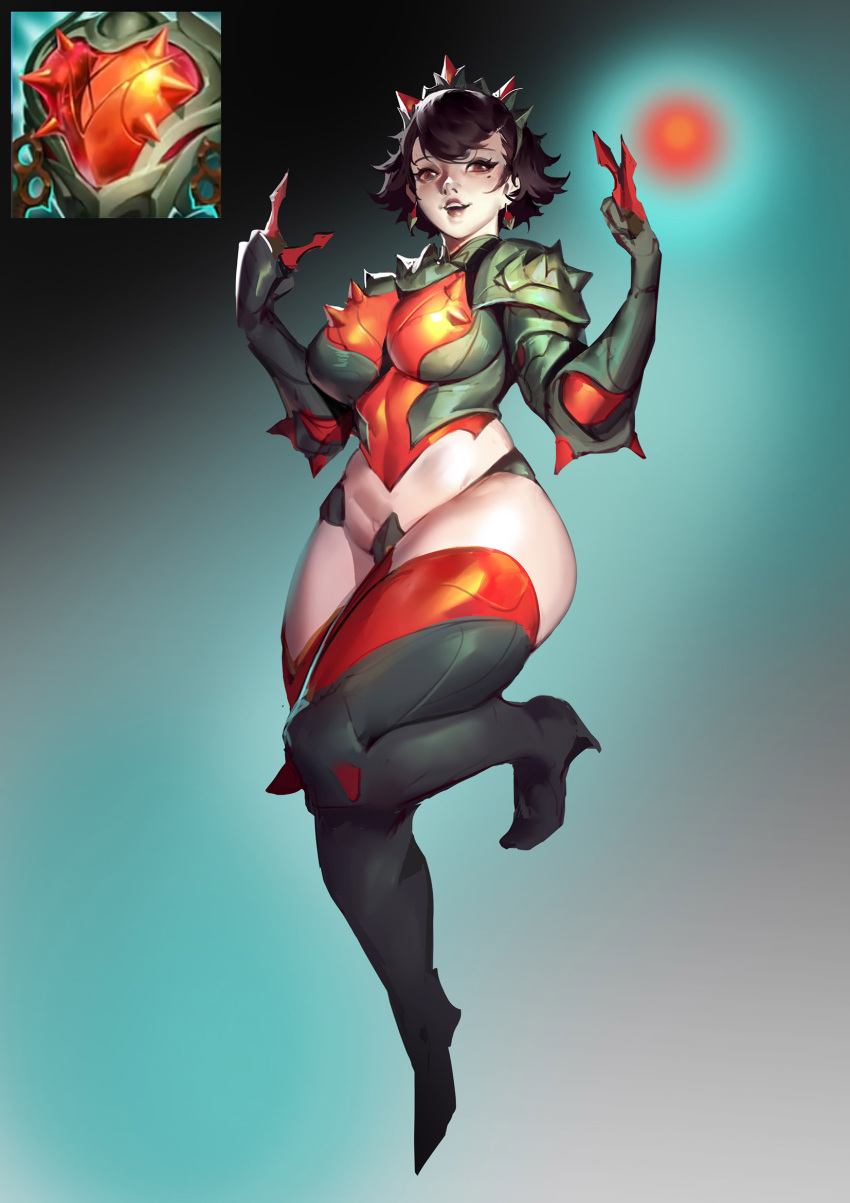 1girl :d armor bangs black_footwear black_hair boots breasts ezi foot_up gradient gradient_background hair_ornament heartsteel_(league_of_legends) high_heels highres humanization large_breasts league_of_legends mole mole_under_eye red_eyes red_lips shiny shiny_clothes short_hair shoulder_plates smile solo teeth thigh_boots