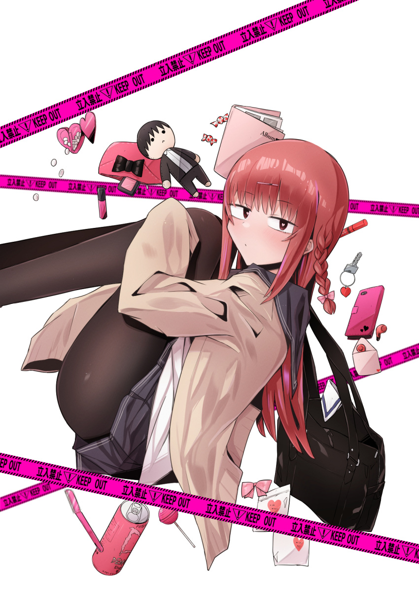 1girl bangs black_pantyhose black_skirt braid brown_cardigan candy cardigan cellphone doll earbuds earphones food hair_ornament hairclip handkerchief heart heart-shaped_pupils highres key lollipop long_hair long_sleeves pantyhose phone photo_album pill red_eyes red_hair school_uniform serafuku shirt simple_background single_braid skirt sleeves_past_fingers sleeves_past_wrists smartphone solo symbol-shaped_pupils watarase_momoka white_background white_shirt zaako_zako_zako_zako_sensei zeroyon_(yukkuri_remirya)